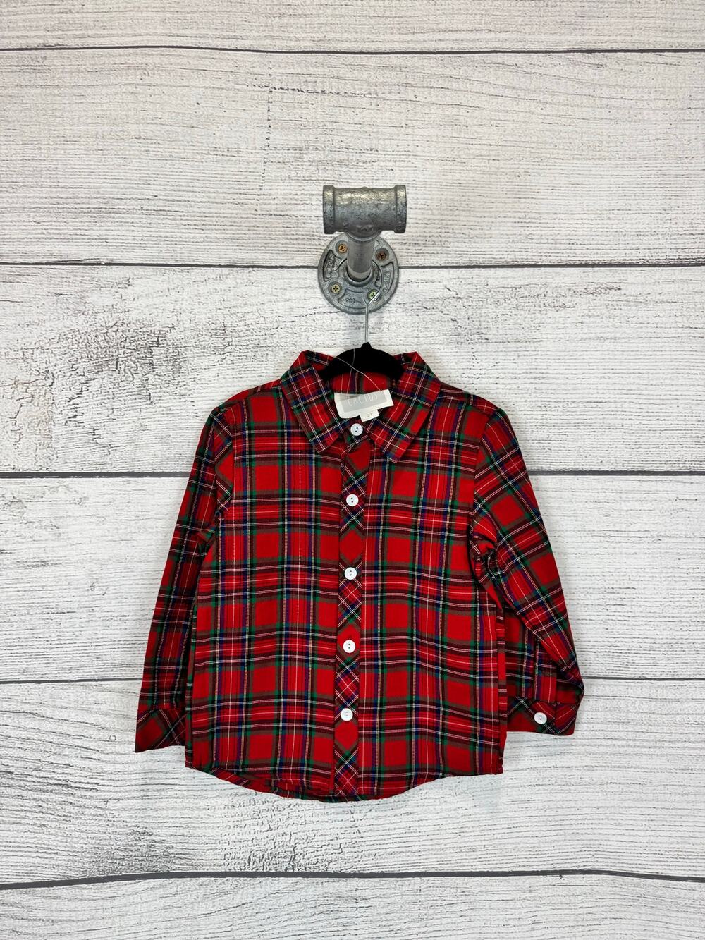 Lil Cactus Boy's Red Christmas Plaid Button Up Shirt Size 2T